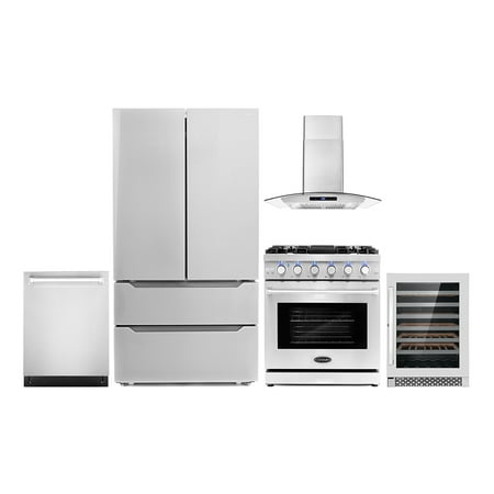 Cosmo 5 Piece Kitchen Appliance Packages with 30  Freestanding Gas Range 30  Wall Mount 24  Built-in Fully Integrated Dishwasher French Door Refrigerator & 48 Bottle Wine Refrigerator