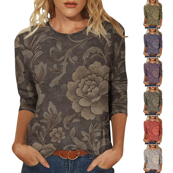 Feancey 3/4 Length Sleeve T Shirts for Women Textured Floral Graphic Tees Dressy Casual Plus Size Tops Loose Vintage Tunic Blouse Black L