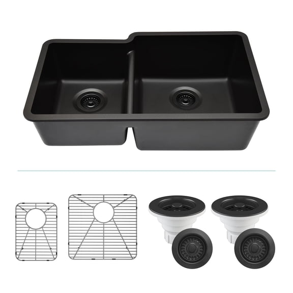 32" x 19" Quartz Kitchen Sink, 40/60 Double Bowl Kitchen Sinks, Drop-in Sink, Undermount Sink, Galaxy Black Kitchen Sink, Double Sink Kitchen, Grids, Strainer and Flange, Lexicon Platinum LP-4060-K