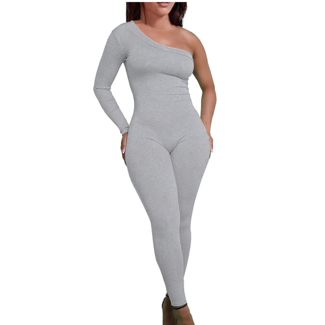 aidice Ribbed Bodysuits for Women Yoga off Shoulder Long Sleeve Skinny Athletic Workout Jumpsuits