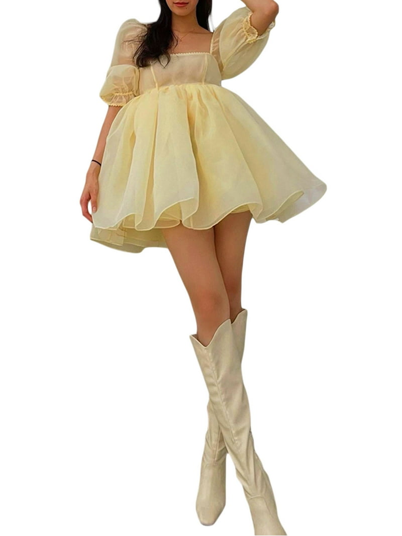Sunisery Puffy Dresses for Women Square Neck Bubble Sleeve