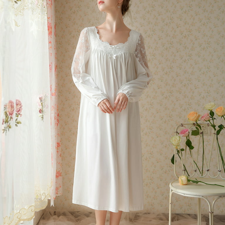 Homgro Women's Long Sleeve Pajamas Victorian Nightgown Cute Vintage Soft  Cotton Nightgowns White Large