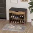 thumbnail image 2 of Entryway Bench with Padded Cushion, Shoe Rack Storage Cubby Cabinet with Flip-Top Storage Drawer, Walnut+Black, 2 of 7
