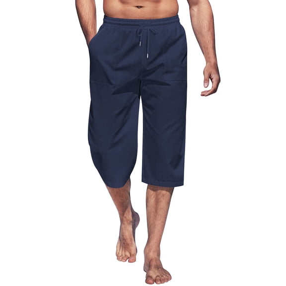 Domuza Men's Linen Capri Pants Casual Lightweight 3/4 Baggy Pants Drawstring Elastic Waist Beach Yoga Pants with Pockets Navy L