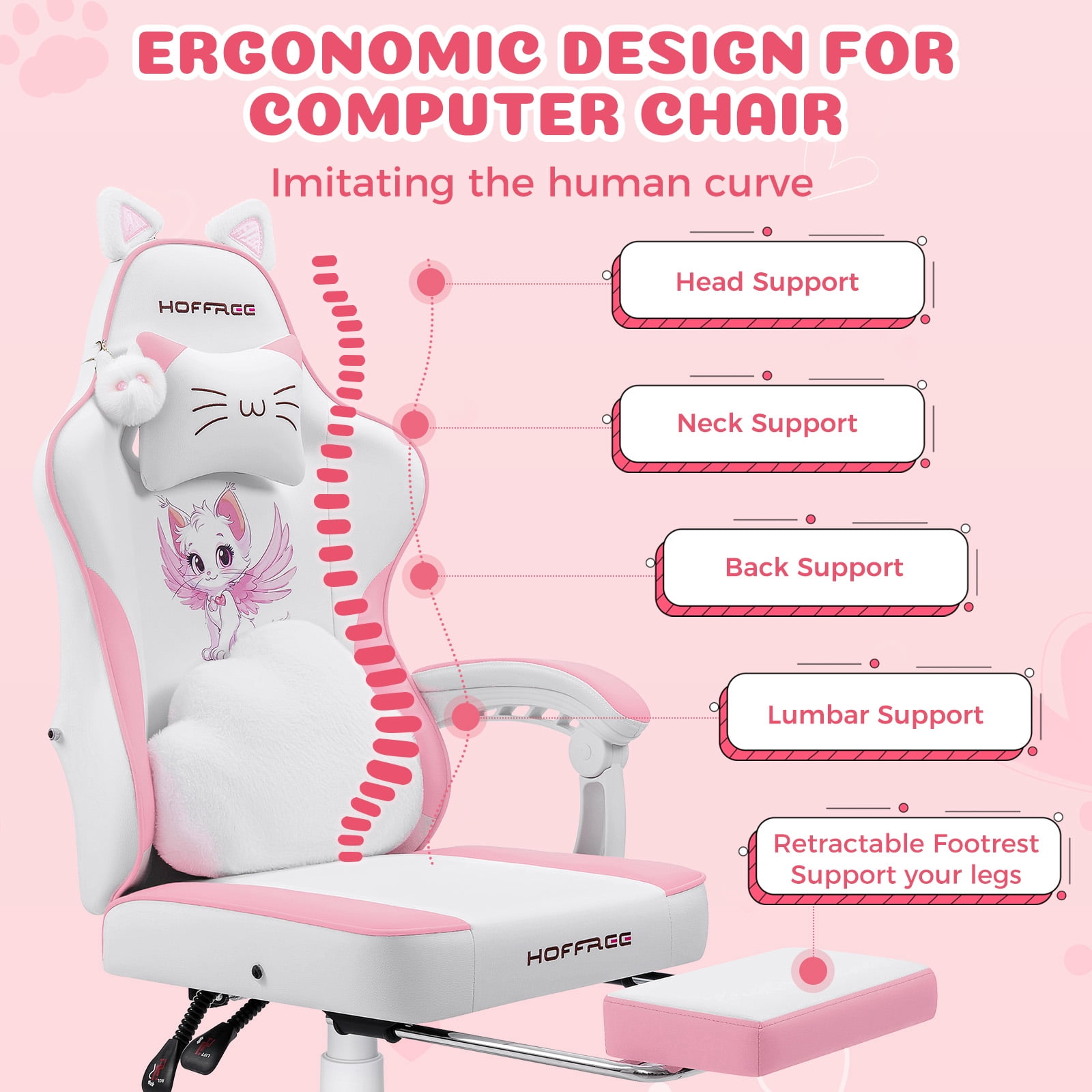 HOFFREE Gaming Chair for Girls with Cat Ears and Cloud Massage Lumbar Cute Computer Chair with Footrest Comfortable Reclining Game Chairs for Adults Teens Women Pink and White