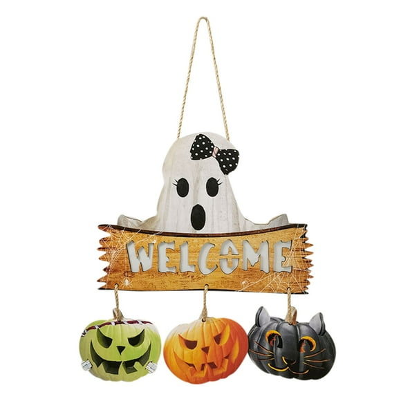 Welcome Sign for Front Door Halloween Welcome Door Sign, Cute Ghostly Pumpkin Wall Mounted Illuminated Door Signs Halloween Pumpkin Lights,Interchangeable Welcome Sign