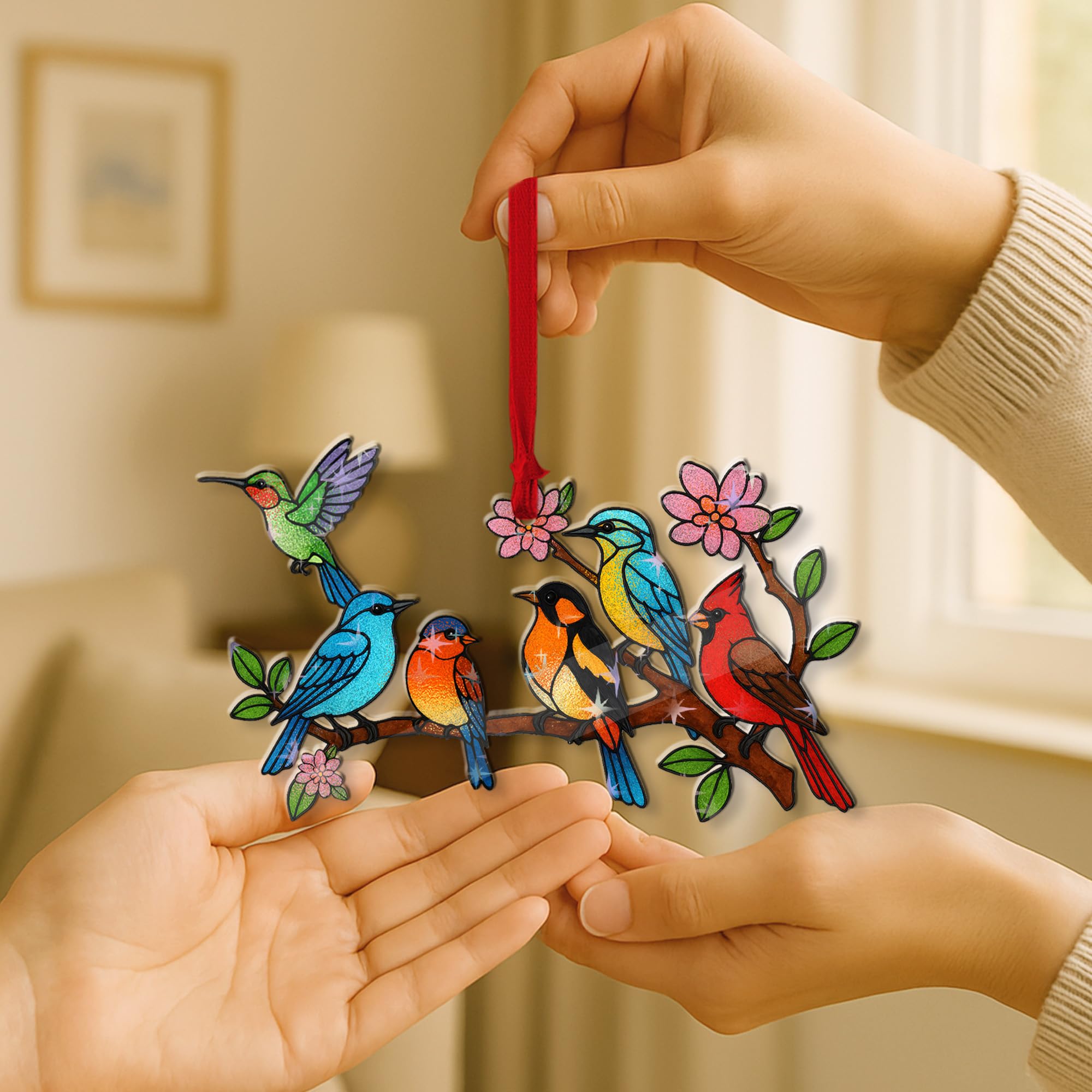 Hologram Bird On Branch Ornament Colorful Stained Glass Style Hanging Decoration for Christmas Tree, Window or Garden – Decorative Acrylic Birds Ornament Gift for Bird Lovers