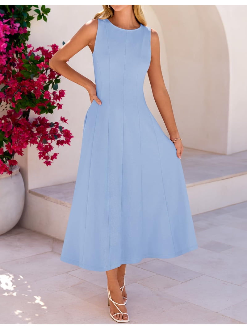 a line midi dress blue Blue Sleeveless Belted A-Line Midi Dress