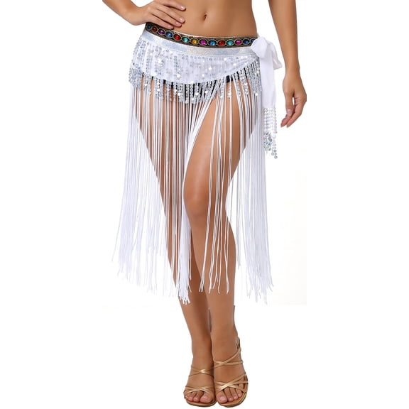 FEOYA Women Belly Dance Hip Scarf Long Fringe Sequin Tassel Skirt Waist Chain Rave Festival Carnival Skirt for Performance Parties Bonfire Music Festivals