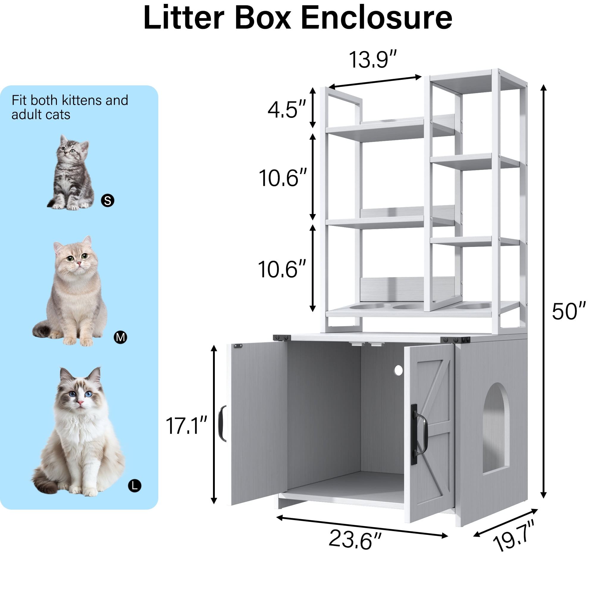 ModFurne Cat Litter Box Enclosure with Feeding Station, Tall Cat Litter Box Furniture Hidden with 4-Tier Storage Shelves, White