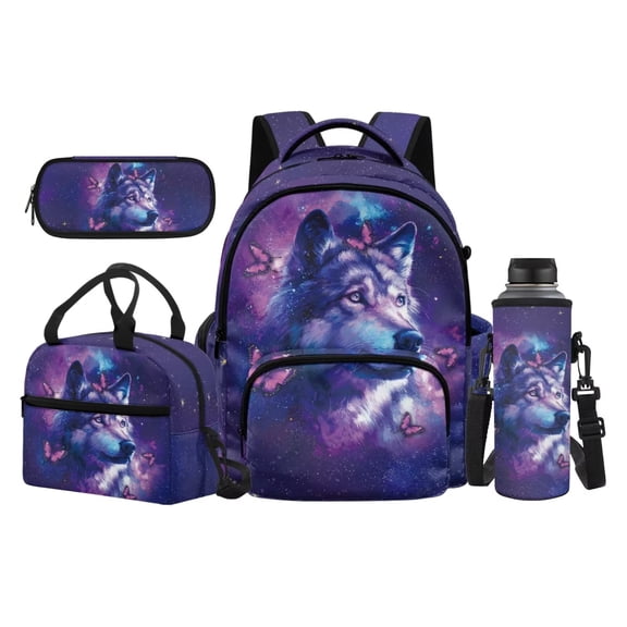 Garronmavis Dark Purple Starry Galaxy & Pink Butterfly Oil Painting Wolf Backpack Bundle, 17 Inch Wild Animal Casual School Bag Includes Lunch Tote, Pencil Bag and Water Bottle Protector