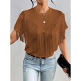 thumbnail image 4 of Womens Plain Round Neck Tassel Casual Short Sleeve T-Shirt Summer Blouse For Women, 4 of 6