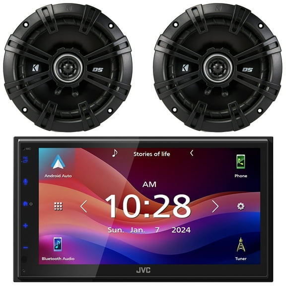 JVC KW-M695BW 6.8" WSVGA LCD Display Single-DIN Bluetooth USB/MP3 Digital Media Shallow Chassis Multimedia SiriusXM Ready Receiver, 2x Kicker 6.5" 240 Watts Max Power 2-Way Coaxial Car Audio Speakers