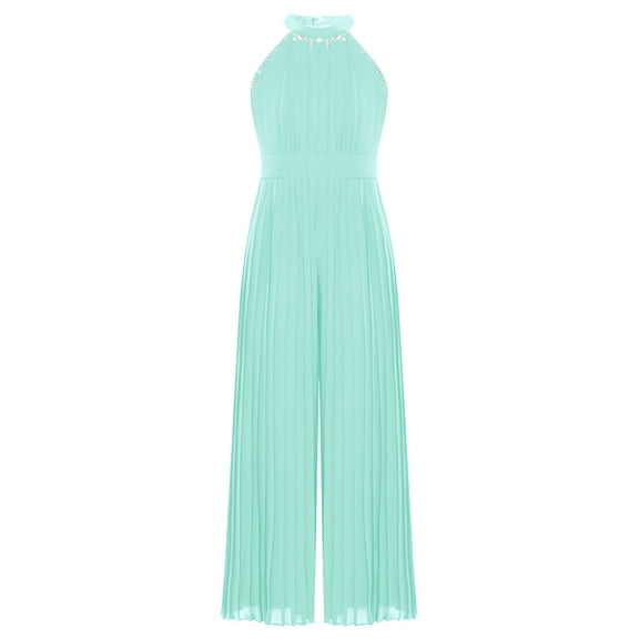Mufeng Kids Girls Wide Leg Jumpsuit One Piece Outfit Sleeveless Halter Pleated Long Pants Rompers Green 12