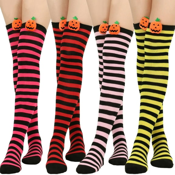 D-GROEE 1 Pair Women Striped High Thigh Socks over Knee Thin Tights Casual Cartoon Pumpkin Striped Socks Long Stocking Socks Halloween for Women Girls