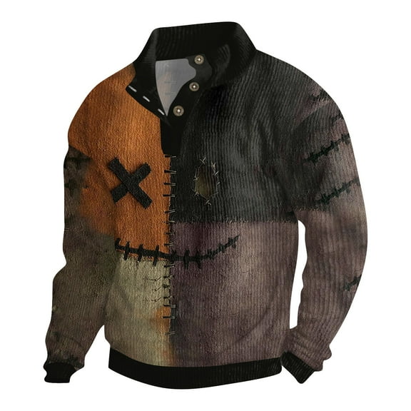 Drmagiyhm Halloween Sweatshirts Men Witches Henry Stand Collar Long Sleeve Corduroy Jacket Fall Sweaters Ghost Graphic Comfort Button Sweatshirts Black S