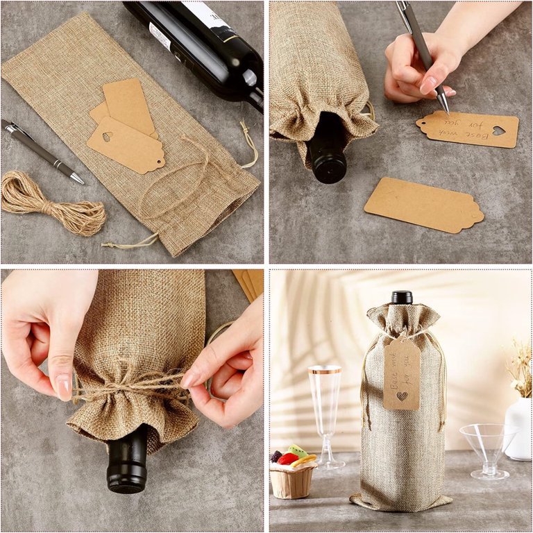 12 Burlap Wine Bags With 12 Gift Tags - Reusable Drawstring Wine Bottle Bags For Weddings, Parties, Gifts