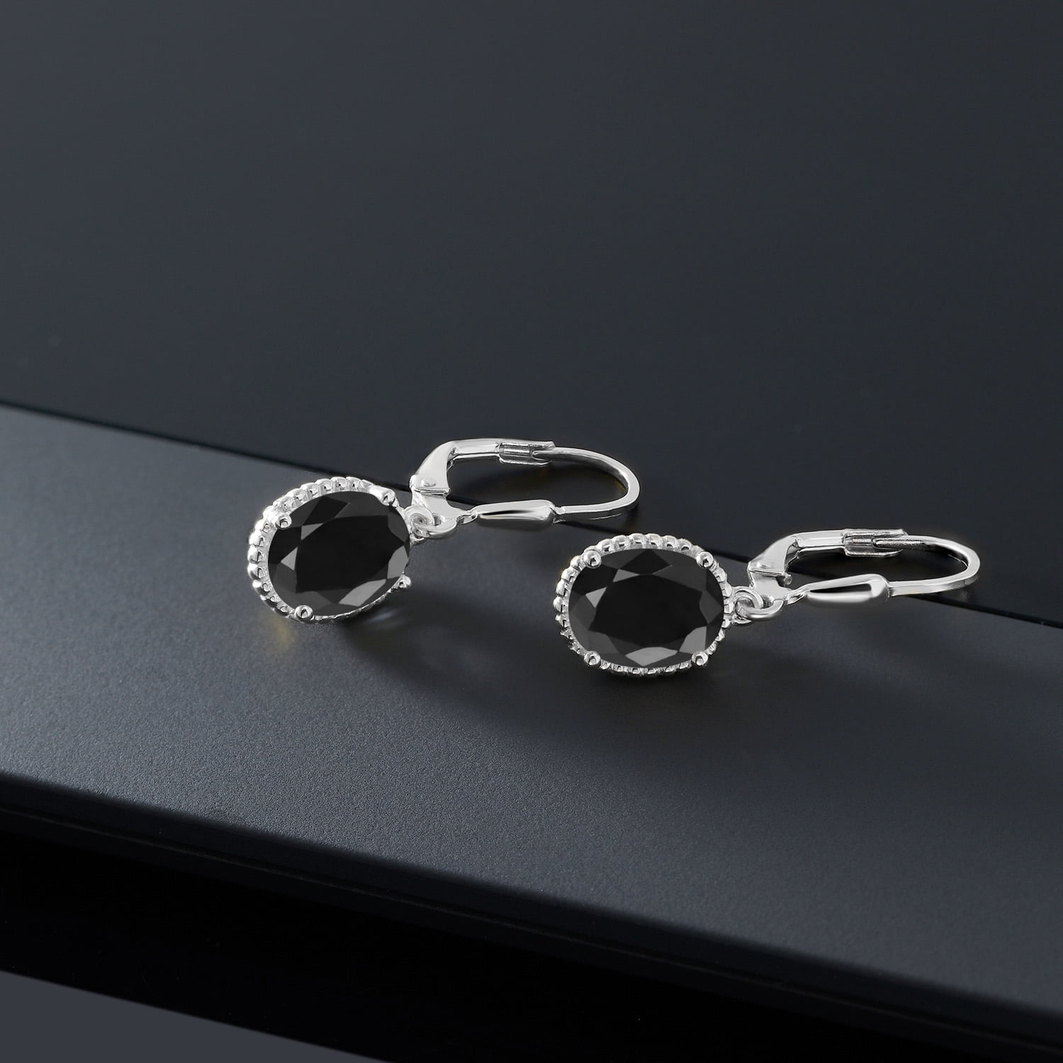 Gem Stone King 925 Sterling Silver Black Sapphire Leverback Dangle Earrings for Women (5.00 Cttw, Gemstone September Birthstone, Oval 9X7MM)