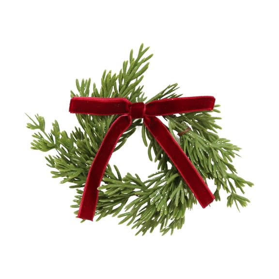 4.72 Inch Christmas Mini Cedar Wreath Napkin Ring,Artificial Evergreen with Velvet Bow for Dinner Table Banquet Decor