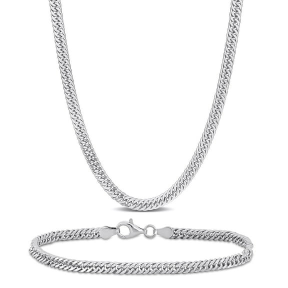 Everly Women's Sterling Silver 4mm Double Curb Link Chain Necklace & Anklet Set - 18 in 9 in