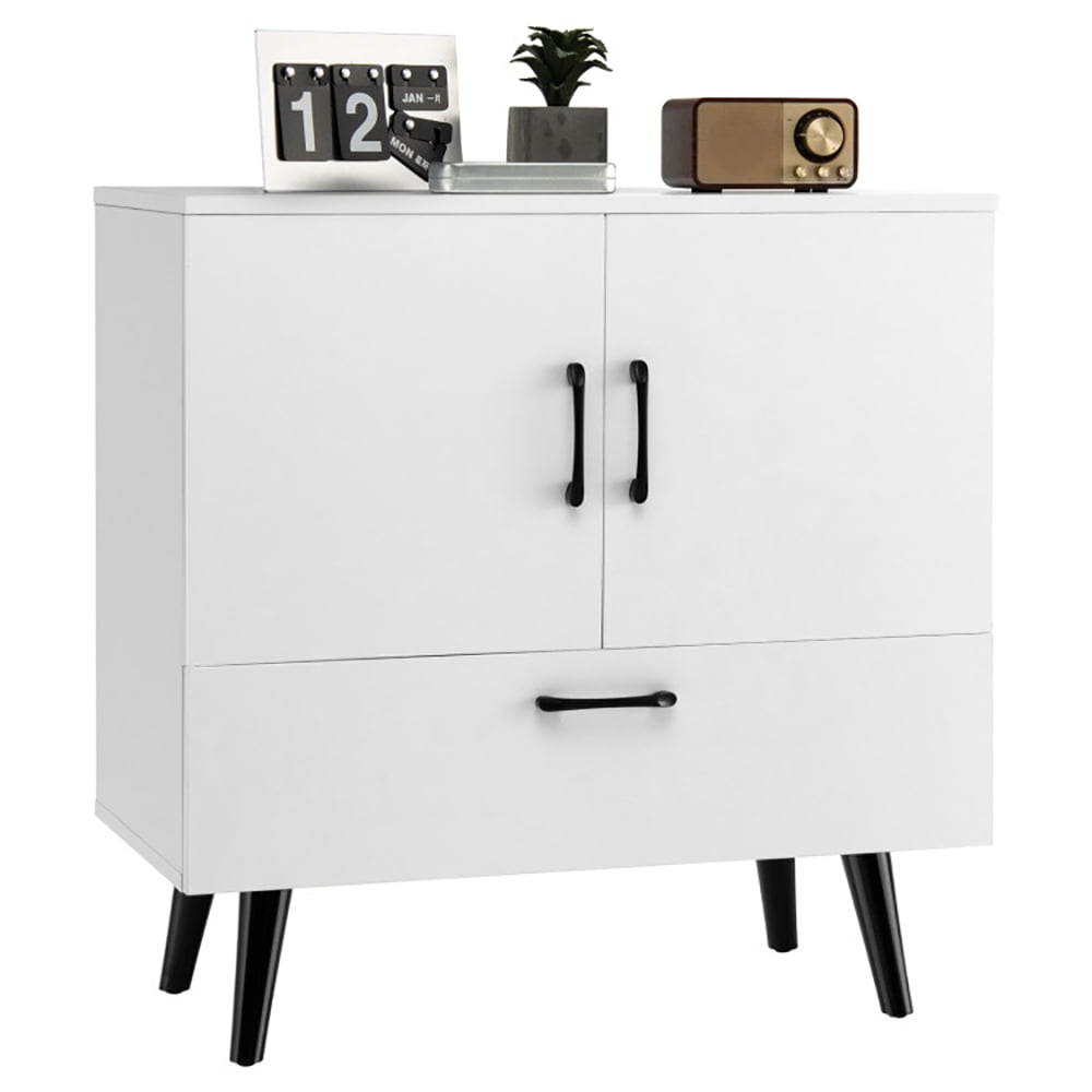 Finihen Storage Cabinet, Mid Century Storage Cabinet with 2 Doors and 1 Pull-out Drawer, for Living Room, Home, Office, Entryway, White