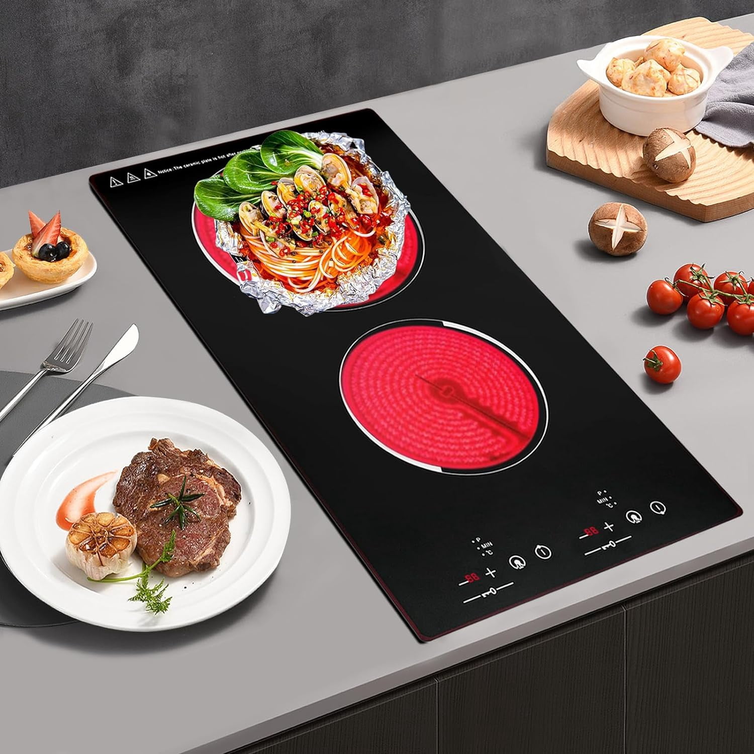 1500W Electric Cooktop Electric Stove Top with LED Display 110V Intelligent Control Built-in Cooktop 9 Heating Level Sensor Touch Control for Kitchens (2 Burners)