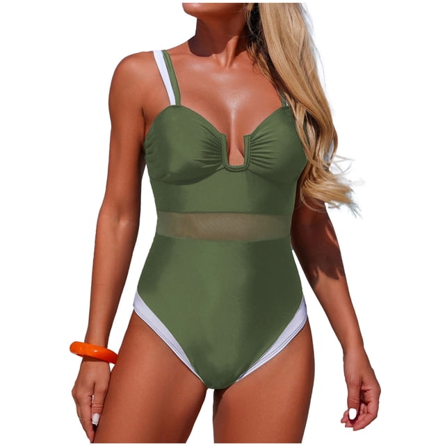 OHMZYZO Womens One Piece Swimsuit Mesh Panel Contrast Trim V Neck Ruched Tummy Control Bathing Suit For Beach Swimming Pool Vacation