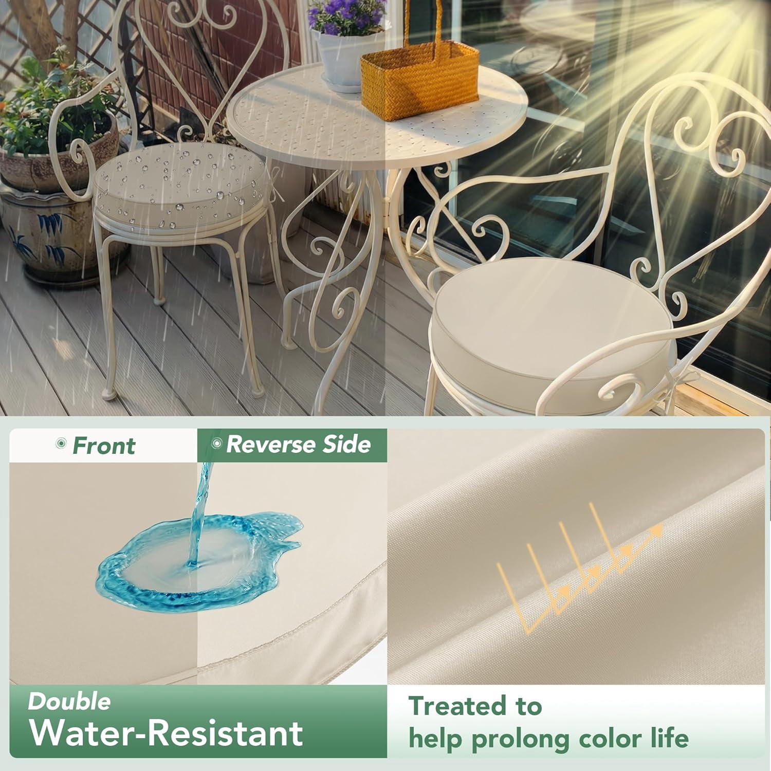 Outdoor Bistro Chair Cushions Set of 2, 15" D x 3" H Round Chair Cushions Waterproof and Fade Resistant Chair Cushion Pads with Non-Slip Ties and Removable Covers for Garden, Cream
