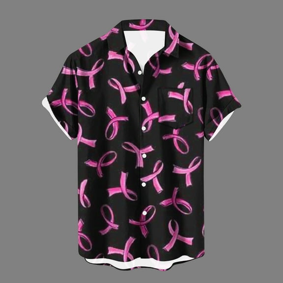 Njoeus Gym Tops Mens Graphic T Shirts Breast Cancers Awareness Support Ribbon T-Shirt for Men Short Sleeve Button Up Blouse Tops Breast Cancers Shirts with Pocket Tshirts Men