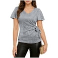thumbnail image 2 of Vmvidoty Pleated Sequin Wrap Blouses for Women Dressy Casual Tops Business Work Shirts Ruffle Sleeve Crew Neck Summer Outfits Silver S, 2 of 7