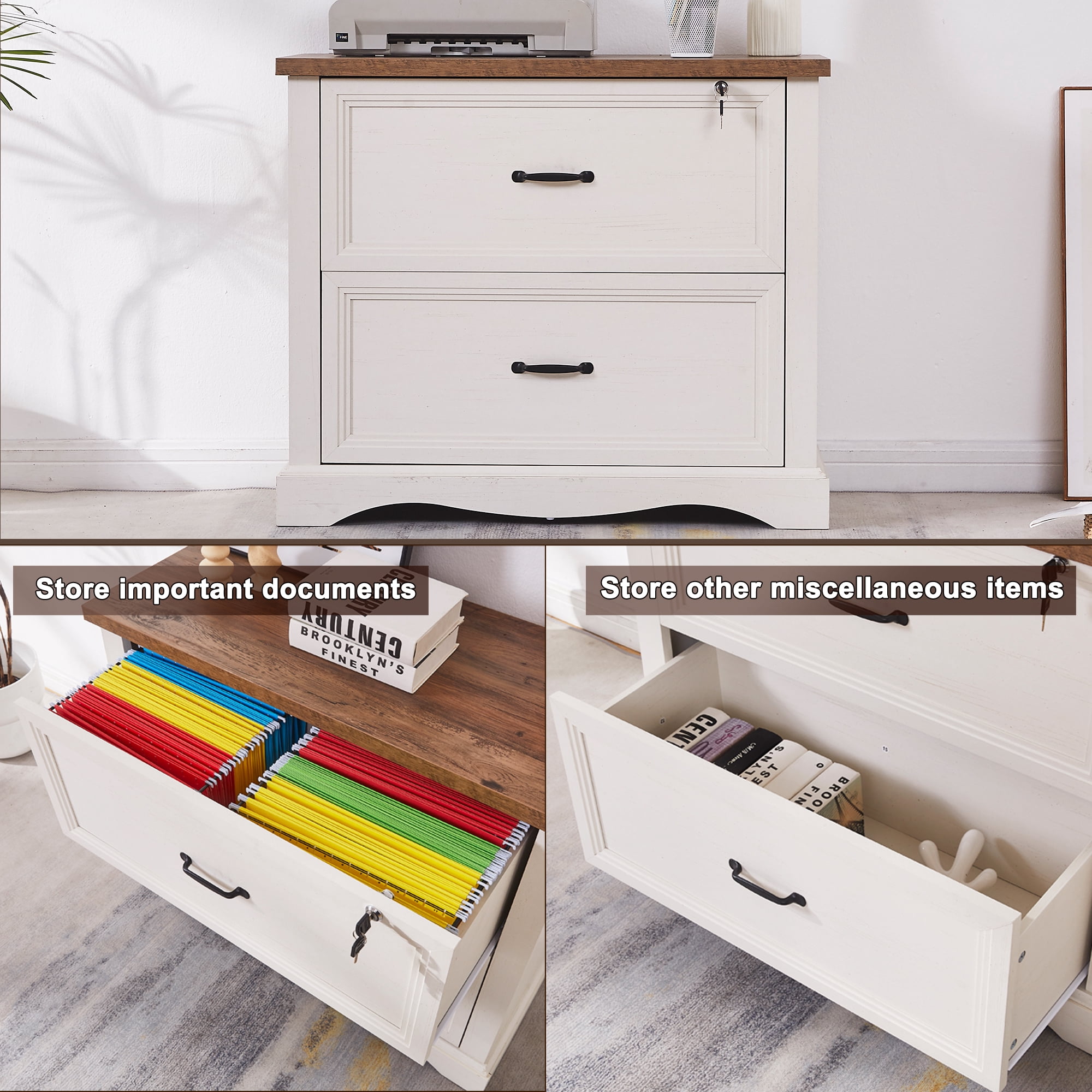 Haooyeah 31.5" Farmhouse Filing Cabinet with Locking Drawer, 2 Drawer File Organizer with Adjustable Rails for A4/Letter/Legal, Large Office Storage, Antique White
