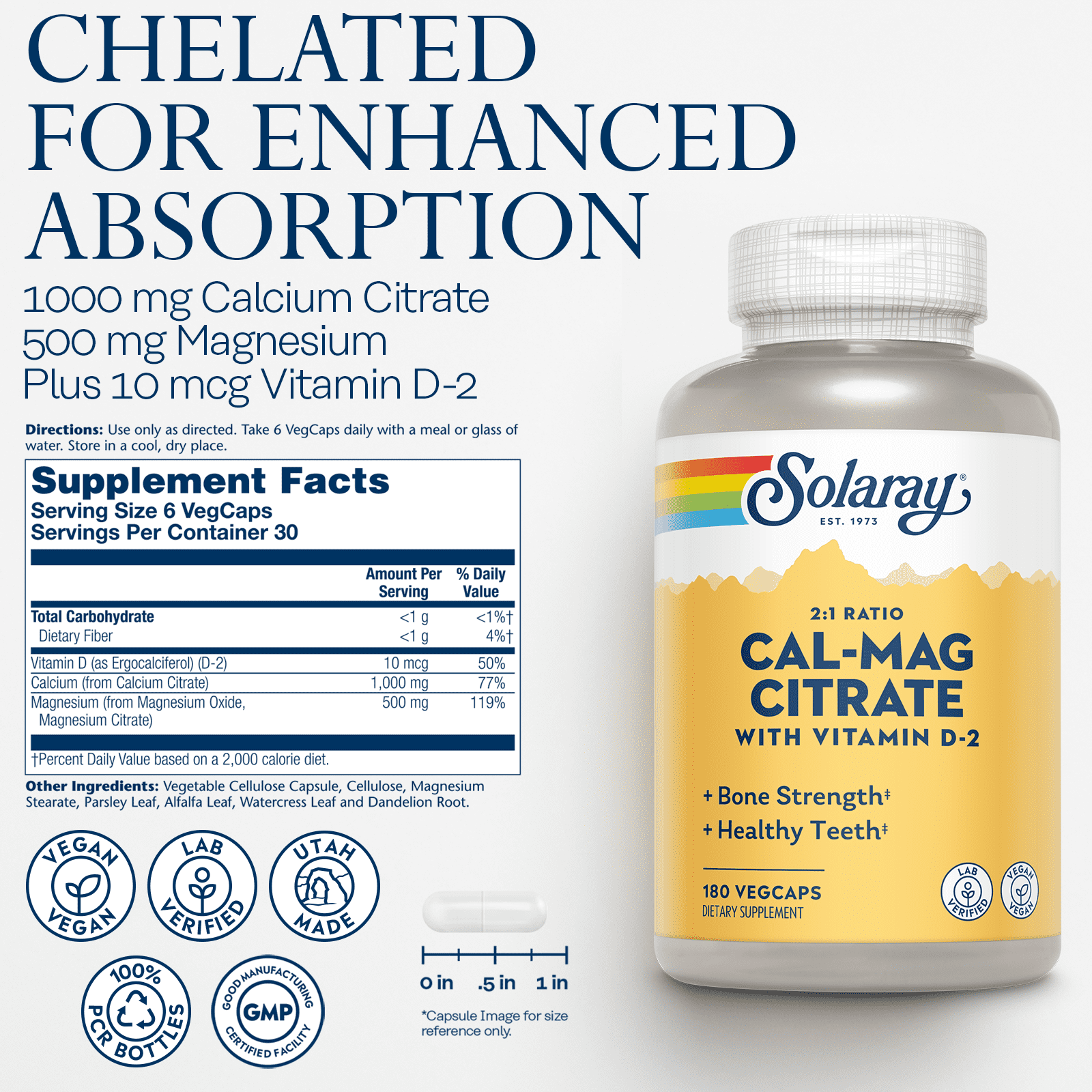 Solaray Calcium Magnesium Citrate 2:1 Ratio with Vitamin D2, Healthy Bone, Muscle & Nerve Support, 30 Serv, 180 VegCaps
