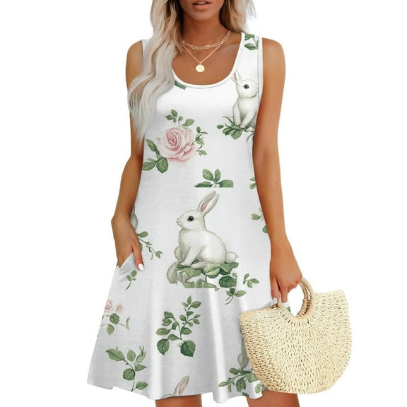 LTTVQM Easter Dresses Womens Bunny Graphic Cute Midi Dress Lightweight Sleeveless Tank Dress Comfortable Crew Neck Dresses with Pockets for Summer White L