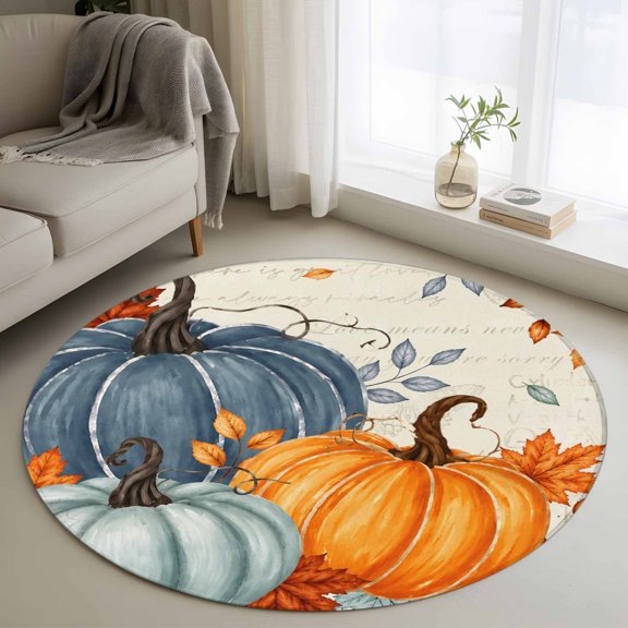 Fall Pumpkin 3ft Area Rug, Orange Blue Teal Thanksgiving Botanical Washable Non-Slip Small Round Rugs for Entryway Bedroom Kitchen, Soft Circle Carpet for Dining Room, Playroom Nursery Rug