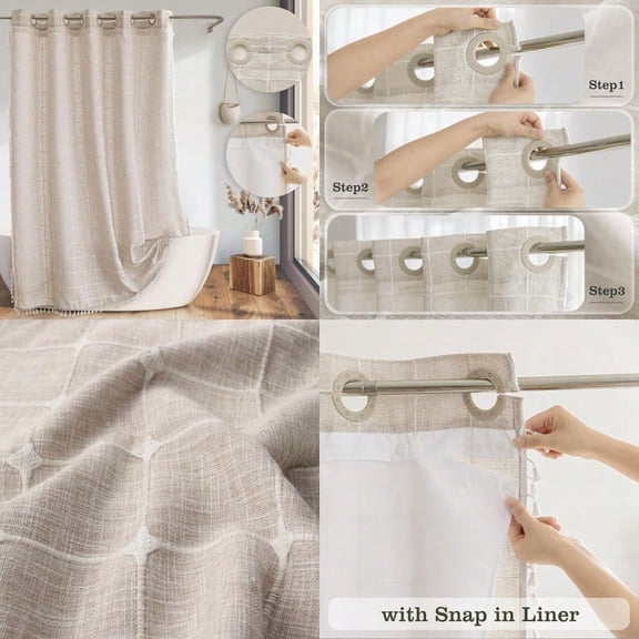 Farmhouse Shower Curtain with Snap-in Liner No Hooks Needed Boho Fabric Shower Curtains with Tassels for Rustic Neutral Bathroom Decor with Magnets Water Repellenthine Washable Linen 71x74Inch