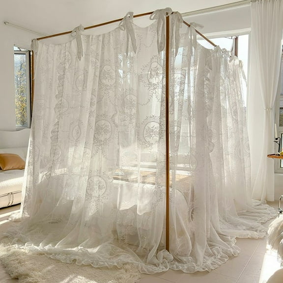 Elegant Lace Princess 4 Corner Post Mosquito Net Romantic for Girls Women Bed Curtain Canopy for Adults Wedding Bedroom Kids Rooms Decoration,White-2,Queen
