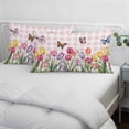 thumbnail image 3 of Tulips Spring Floral Pillow Covers, Linen Long Throw Pillow Case, Pink Plaid Flowers Butterfly Pastoral Holiday Pillow Protector Decorative Cushion Cover for Living Room/Bedroom 20" x 26", 3 of 8