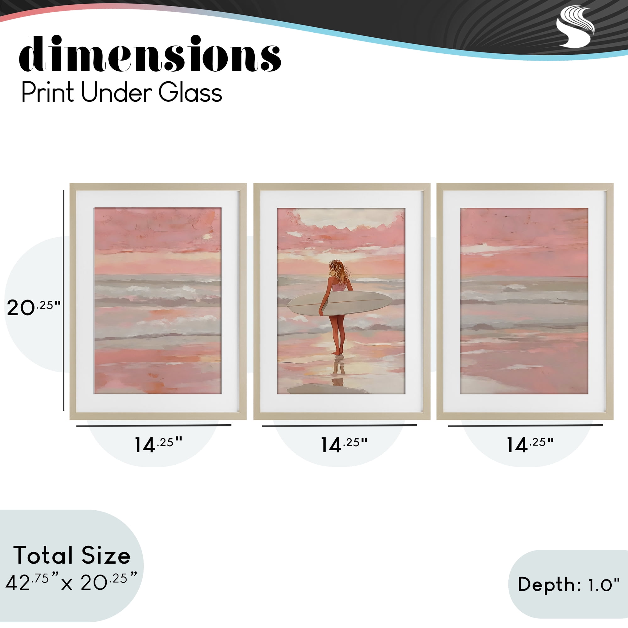Stupell Industries Pink Sky Surfer Sunrise 3 Piece Birch Framed Print Under Glass Set, design by LSR Design Studio