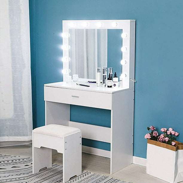 Amonida Vanity Table Set With Lighted, White Dressing Table With Light Bulb Mirror