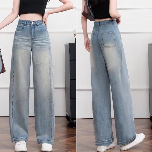 Pantalones de Mezclilla Azul Claro de Verano 2026 - Pantalones de Mujer de Cintura Alta Holgados de Pierna Ancha - Pantalones de Mezclilla de Pierna Recta