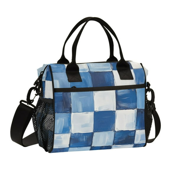 FORMRS Insulated Lunch Bag for Work School Unisex Large Capacity Cooler with Shoulder Strap, Blue and Gray Plaid Pattern