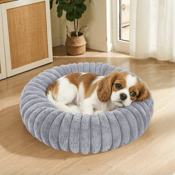 Exclusivo Mezcla Calming Donut Dog Bed with Non-Slip Bottom, 20 inches Cozy Fluffy Faux Rabbit Fur Round Pet Bed for Small Dogs, Light Grey