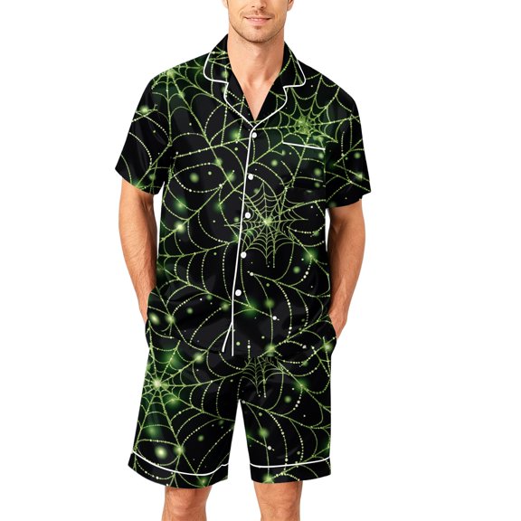 GrmtClth Mens Halloween Pajamas Graphic Pumpkin Satin-Like Short Sleeve Button Up 2 Piece Casual Sleep Loungewear Pjs with Pockets Green 3XL