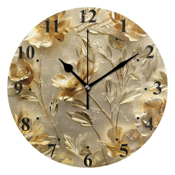 Gold Flowers and Leaves Black 10 inch Wall Clocks Non Ticking Easy to Read Battery Decorative for Home Bathroom Kitchen Bedroom Living Room
