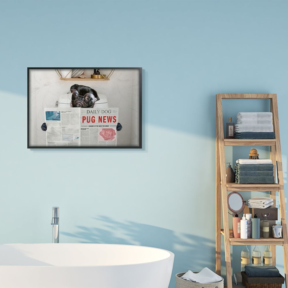 Stupell Industries Bathroom Pug Daily Toilet Briefing Dog Humor Animals & Insects Painting Black Framed Art Print Wall Art, 24 x 30