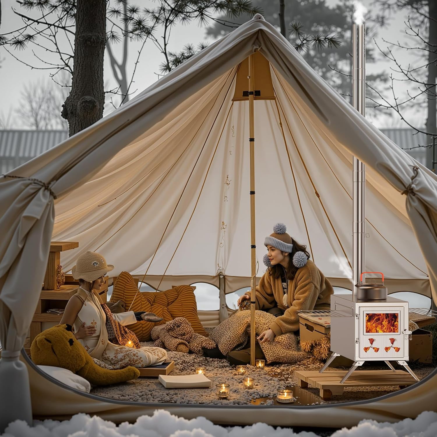 SLSY Hot Tent Stove, Camping Wood Stove for Tent, Portable Stainless Steel Wood Burning Stove with 7 Chimney Pipes for Wall Tent Camping, Cooking, Hunting, Boiling Water，Ice Fishing - Large