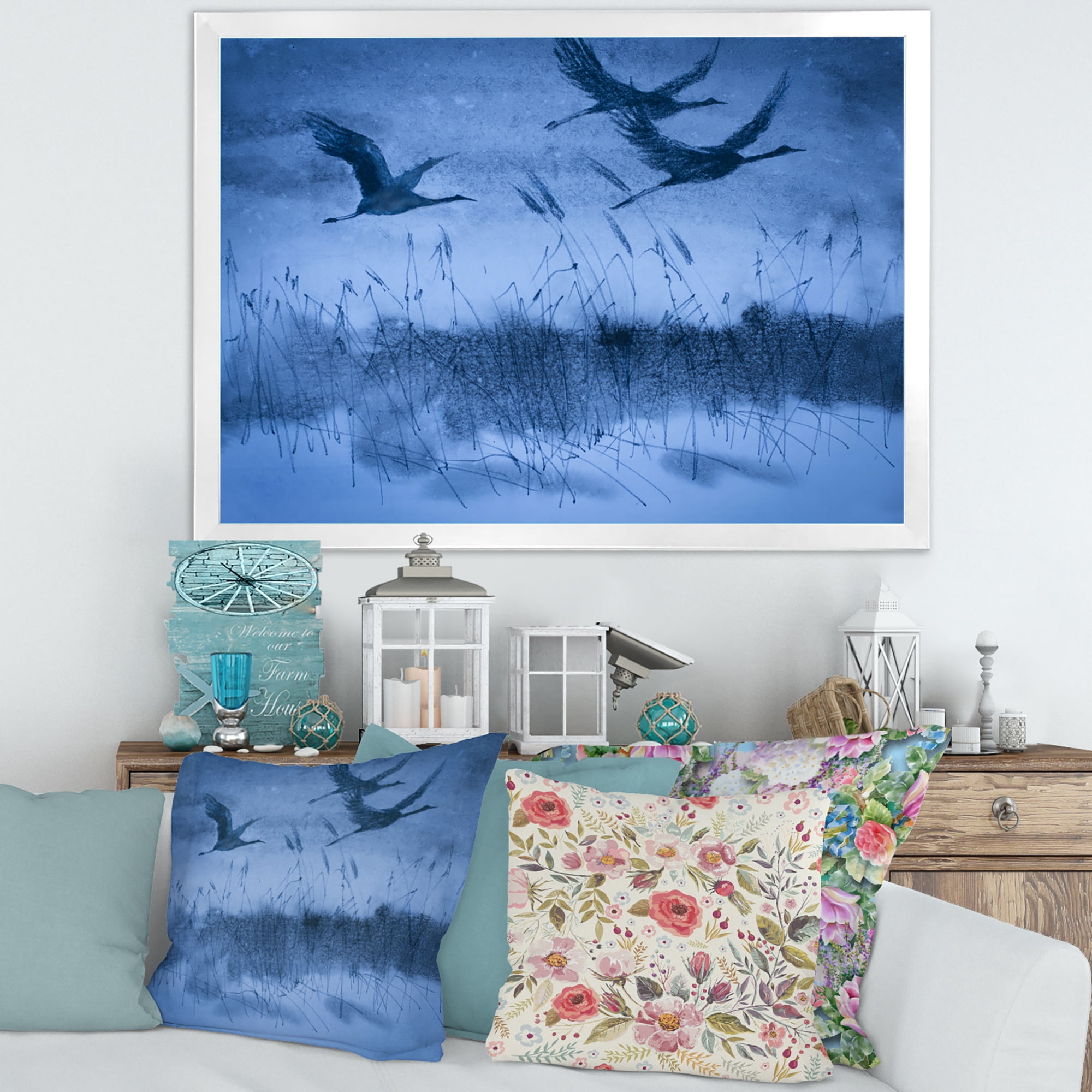 Cranes In Flight During Blue Evening Light 40 in x 30 in Framed Painting Canvas Art Print, by Designart