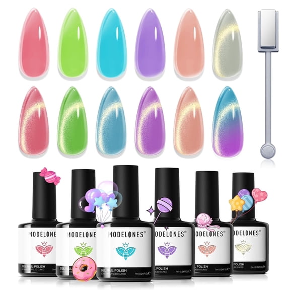 Modelones Cat's Eye Gel Nail Polish, 6 Colors Jelly Neon Color Set with Magnet Shine Galaxy Series Nail Polish Set with Removable LED Nail Salon DIY Gifts