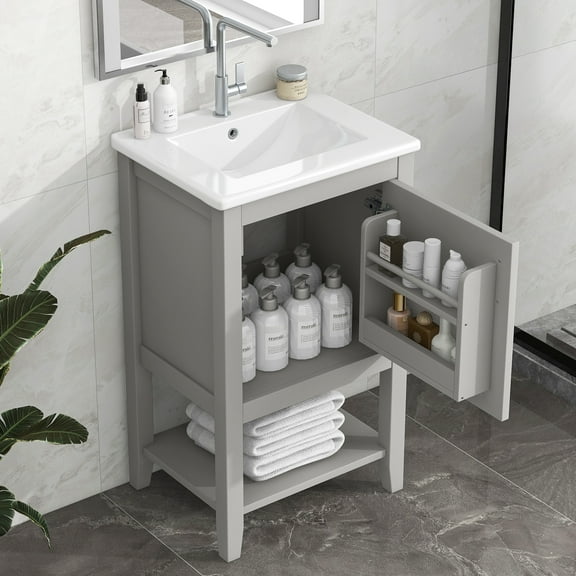 Harper & Bright Designs 20" Small Bathroom Vanity with Sink, Bathroom Cabinet Freestanding with Storage Rack, Modern Bathroom Floor Cabinet with Open Shelf, Gray