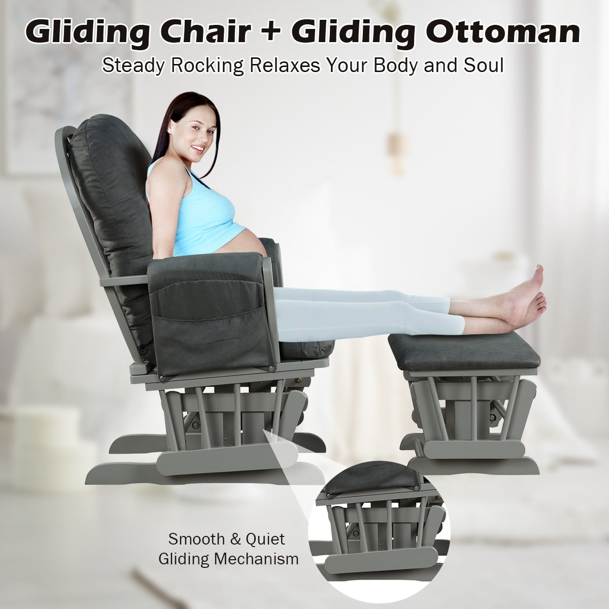 Infans Glider and Ottoman Cushion Set Wood Baby Nursery Rocking Chair Dark Grey